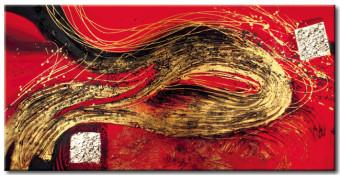 Cuadro Abstracción (1 pieza) - fantasía dorada con olas en rojo