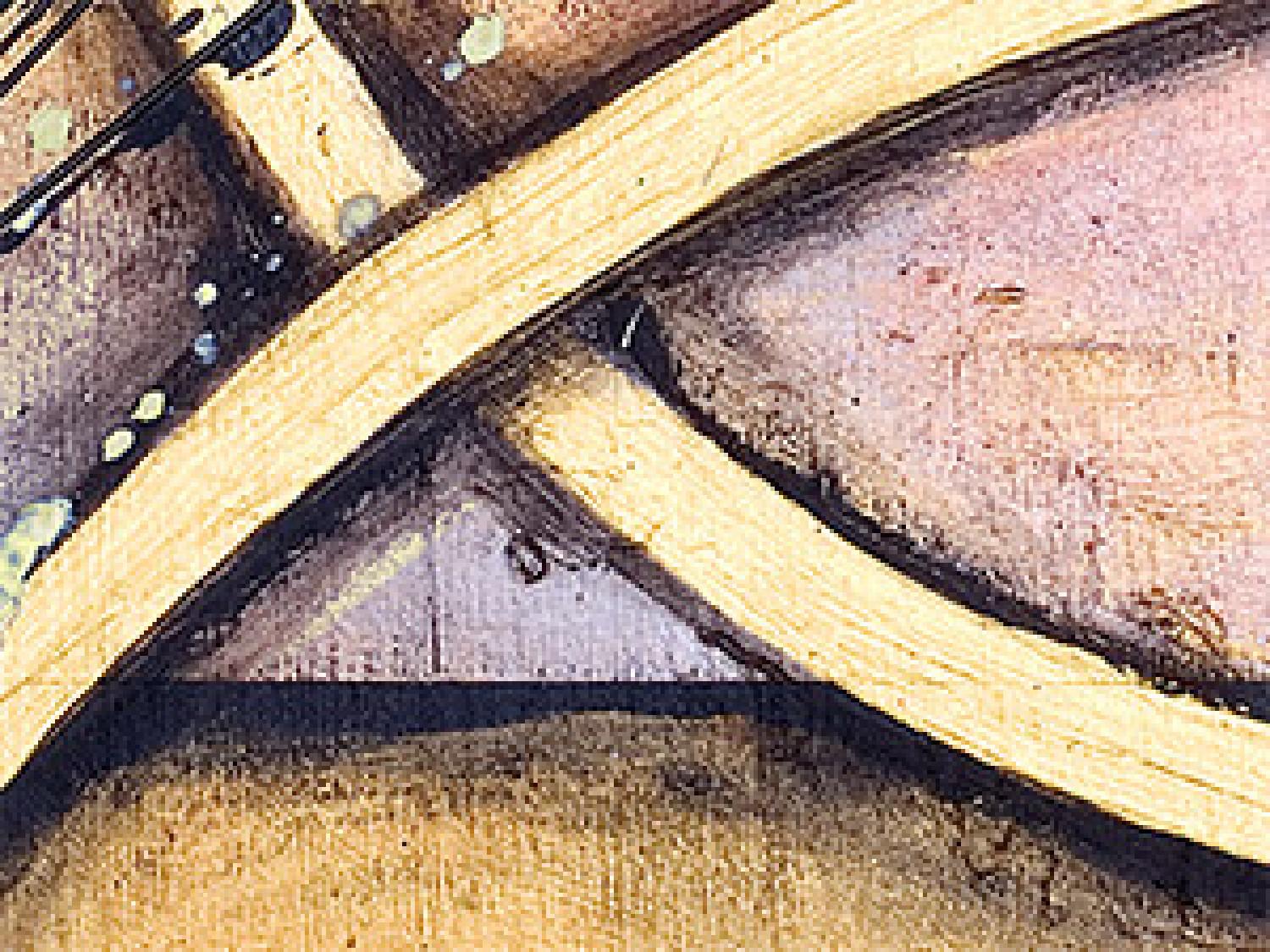 Cuadro decorativo Láminas doradas (3 piezas) - bandas de fantasía en fondo madera