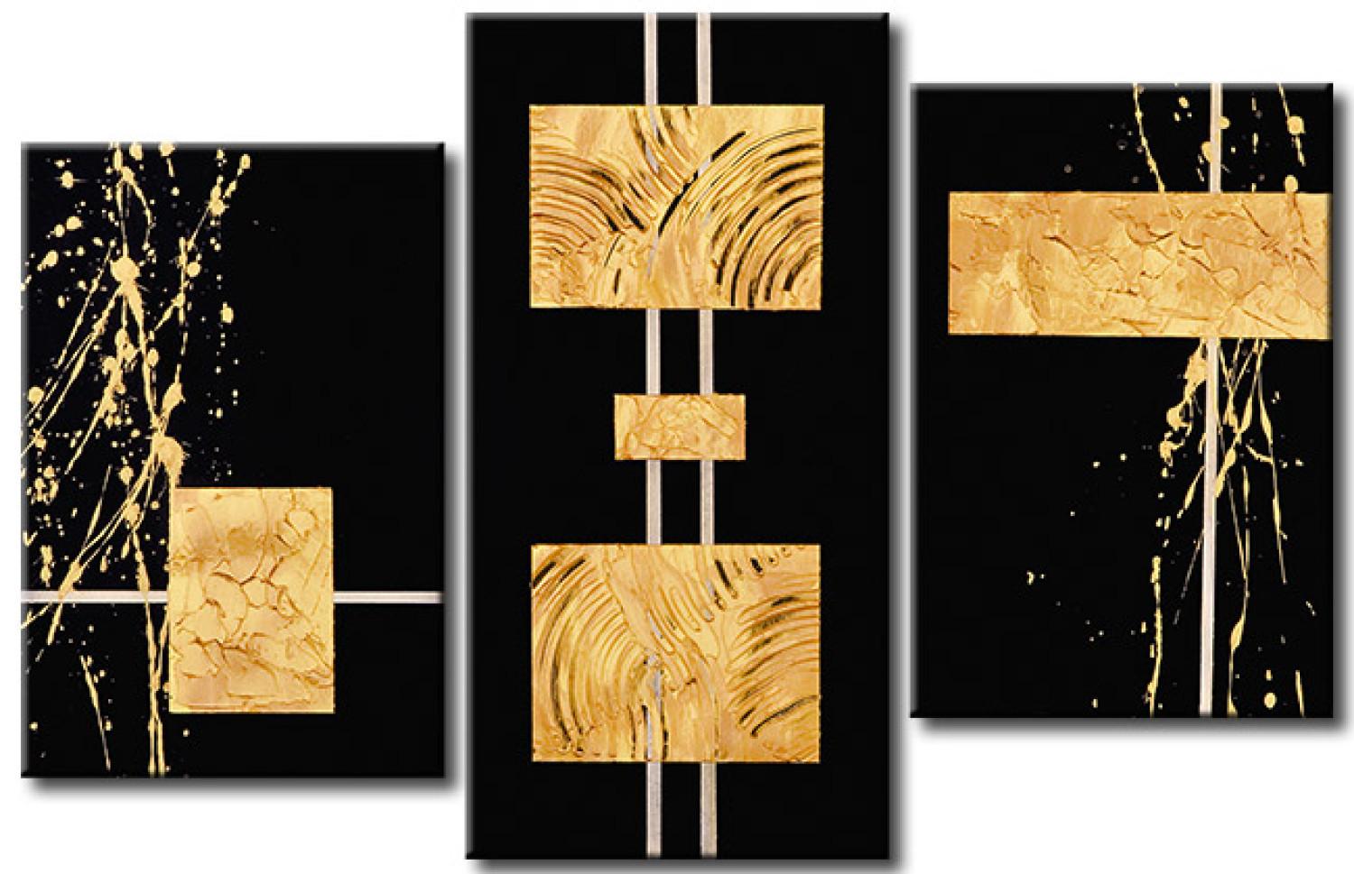 Cuadro Abstracción (3-piezas) - figuras geométricas doradas en fondo negro