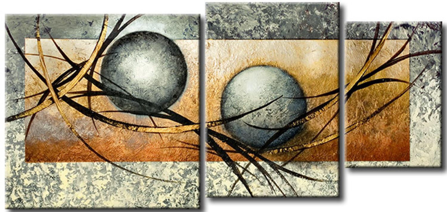 Cuadro decorativo Bolas grises (3 piezas) - abstracción con bolas y elementos dorados