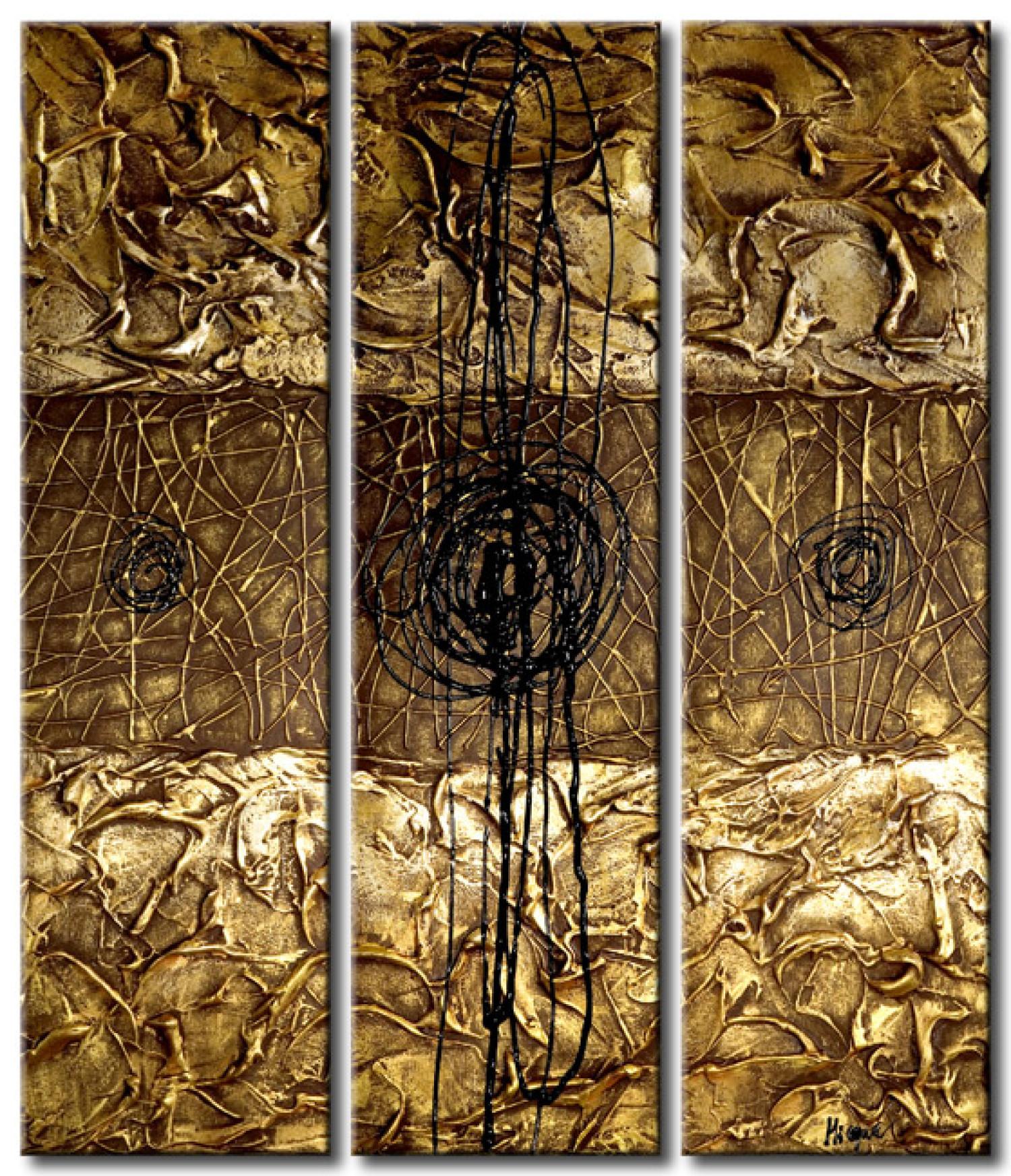 Cuadro moderno Fantasía del tiempo (3 piezas) - abstracción dorada con hilo negro