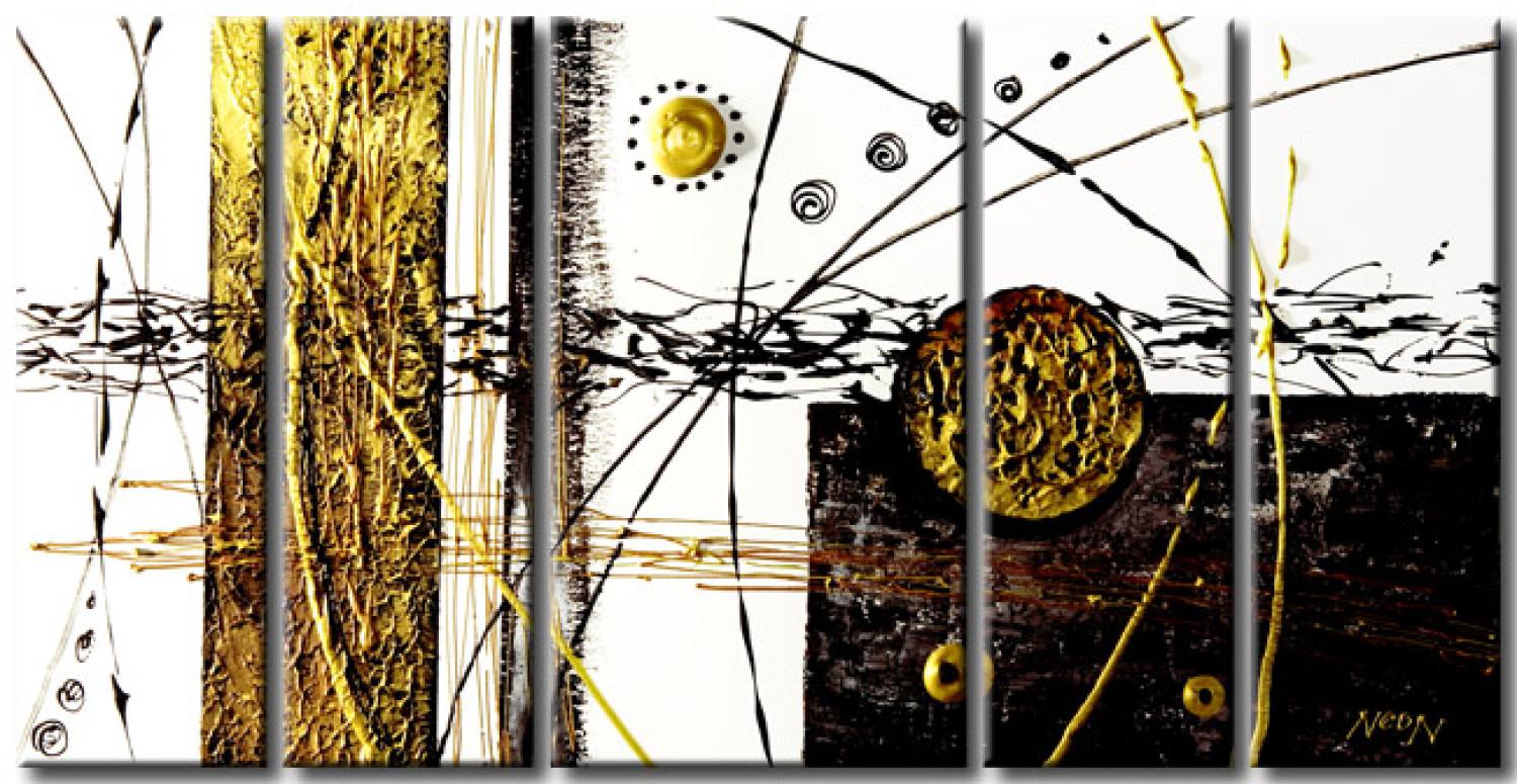 Cuadro moderno Movimiento loco (5 piezas) - abstracción blanco y negro, patrón dorado