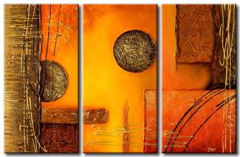 Cuadro Composición (3 piezas) - abstracción naranja con círculos dorados