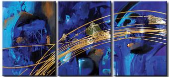Cuadro Fantasía del Atlántico (3 piezas) - abstracción azul con oro