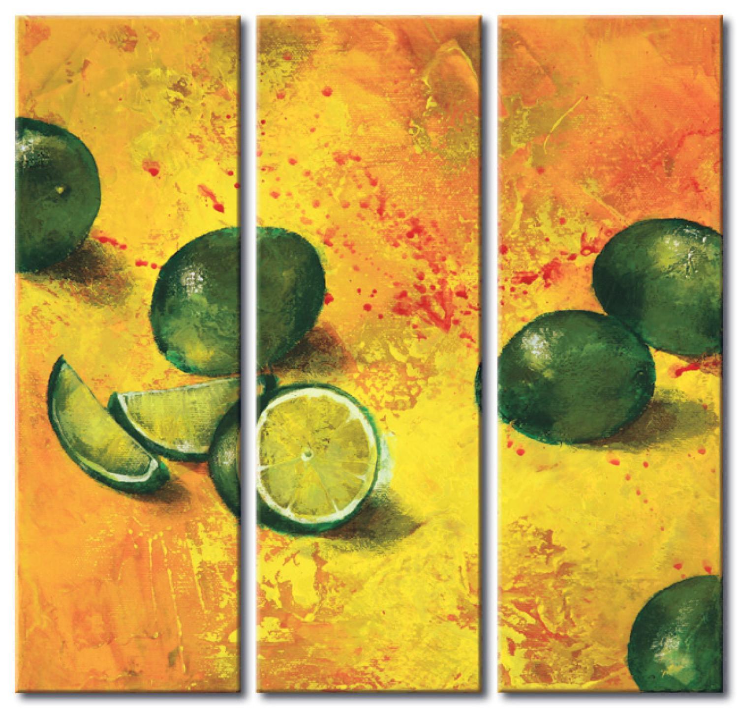 Cuadro decorativo Bodegón (3 piezas) - composición de limas en fondo naranja