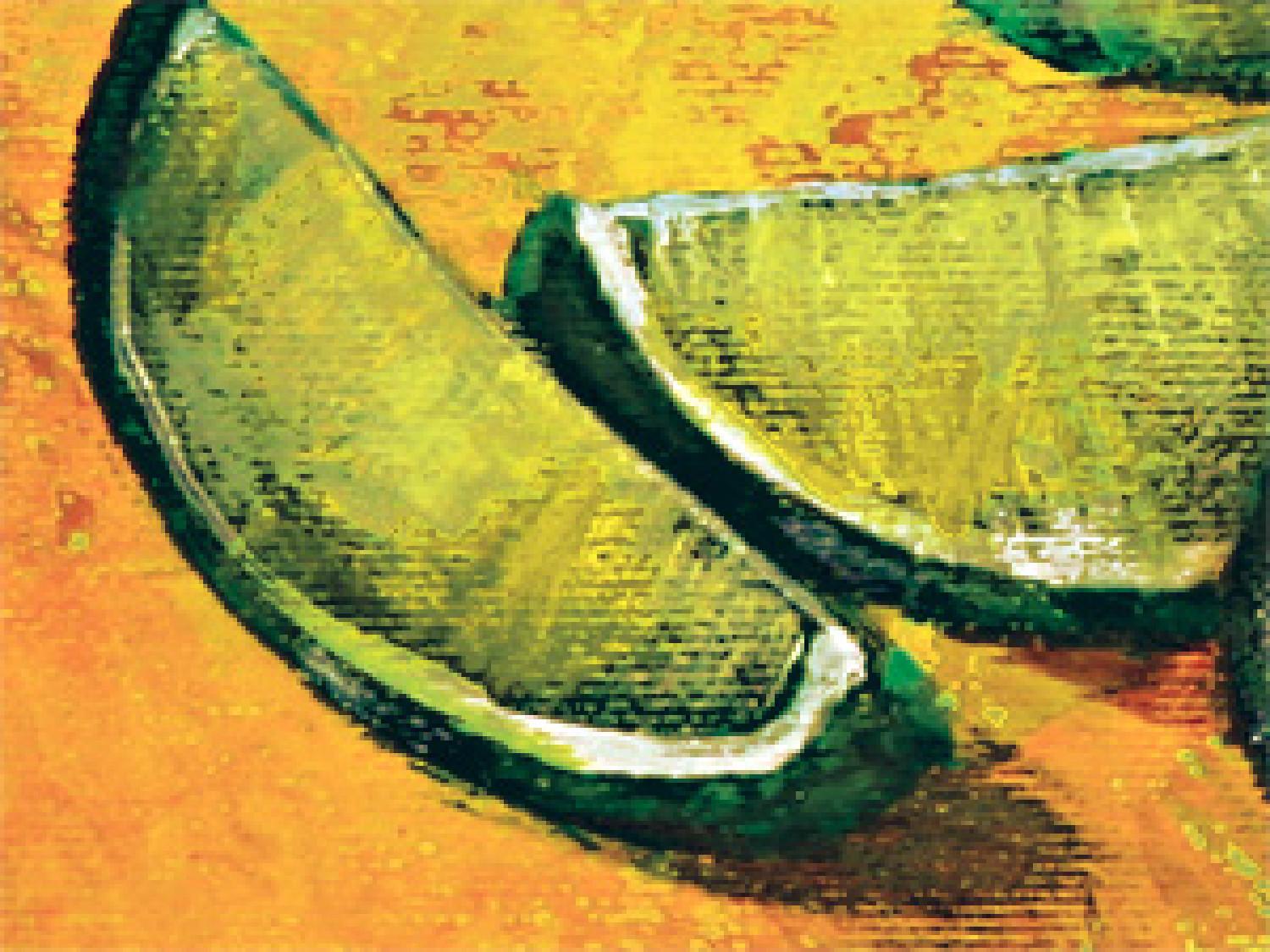 Cuadro decorativo Bodegón (3 piezas) - composición de limas en fondo naranja