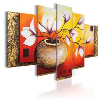 Cuadro Jarrón con magnolias (5 piezas) - flores delicadas en fondo fantasioso