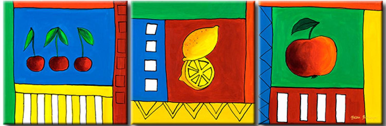 Cuadro moderno Cerezas limones manzana (3 piezas) - ilustraciones en fondo colorido