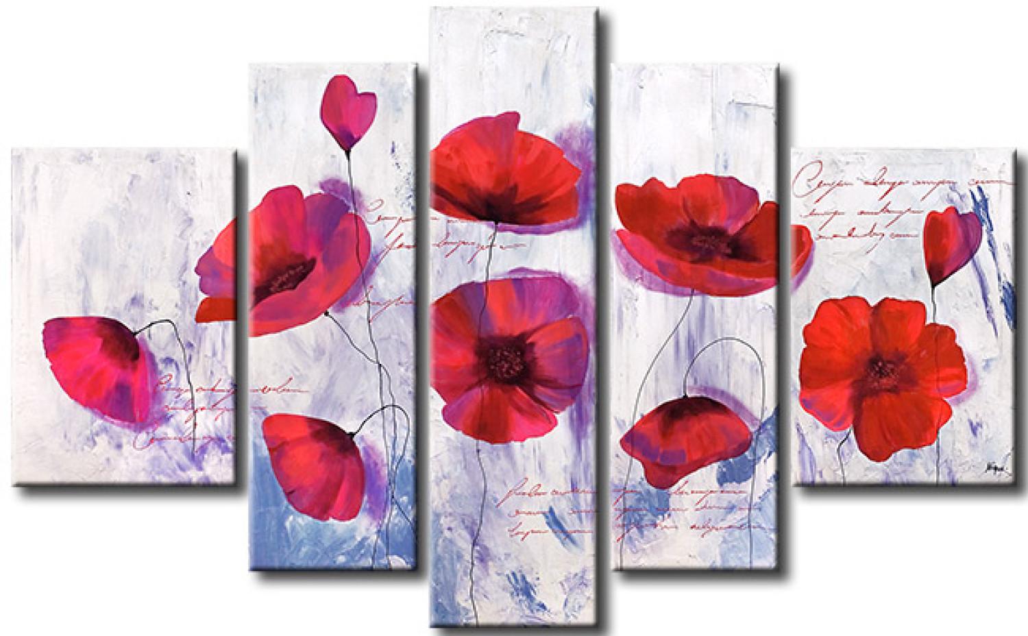 Cuadro moderno Amapolas heladas (5 piezas) - flores rojas en fondo blanco con texto