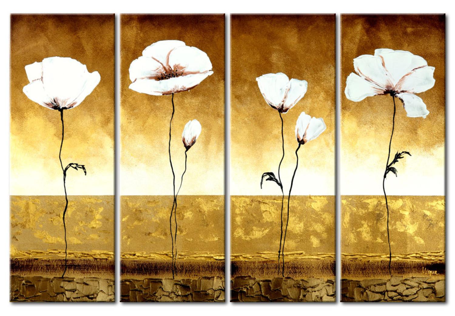 Cuadro Amapolas blancas (4 piezas) - flores en fondo marrón con unos niveles