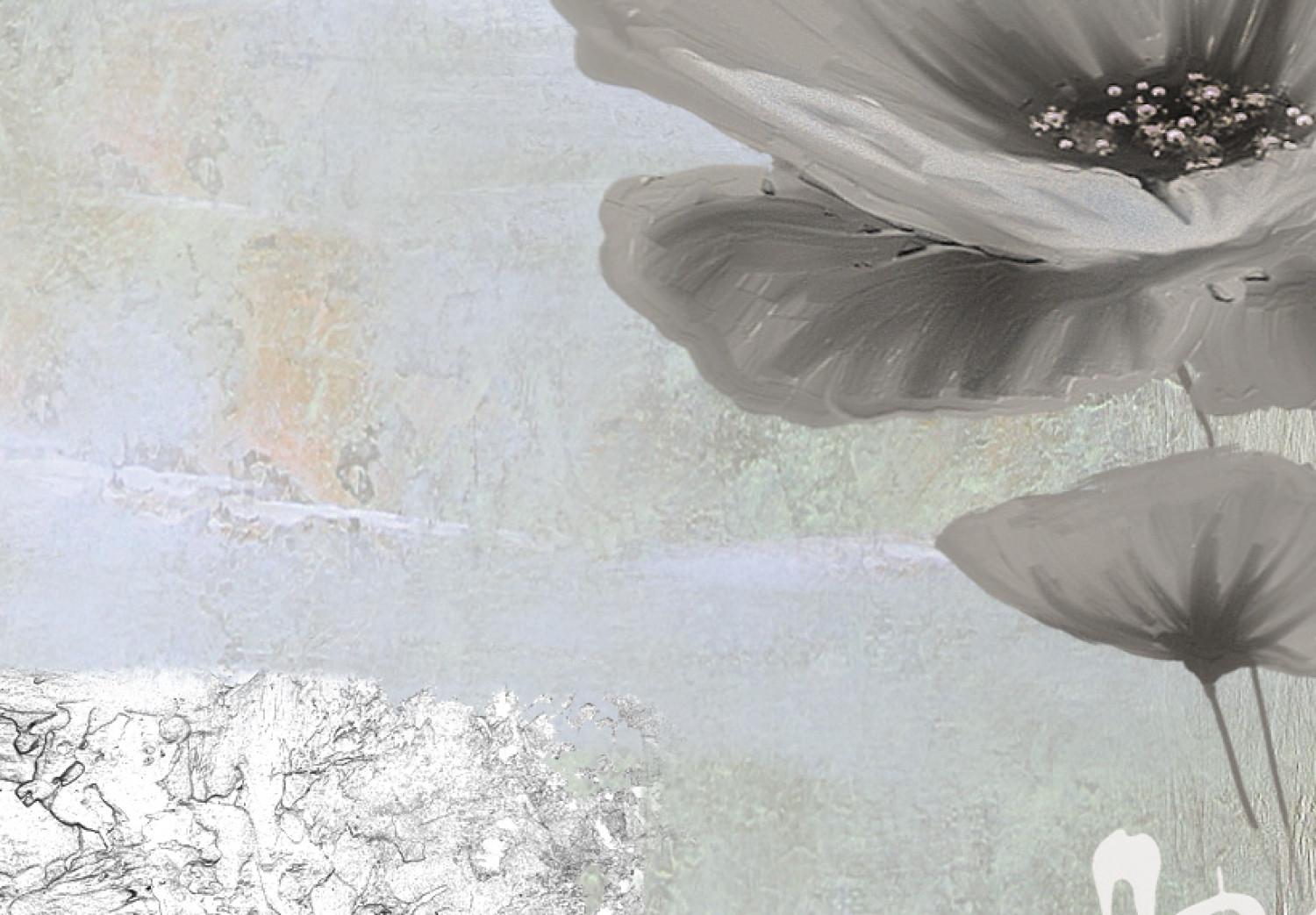 Cuadro moderno Amapolas (1 pieza) - naturaleza en gris con flores y escritura blanca