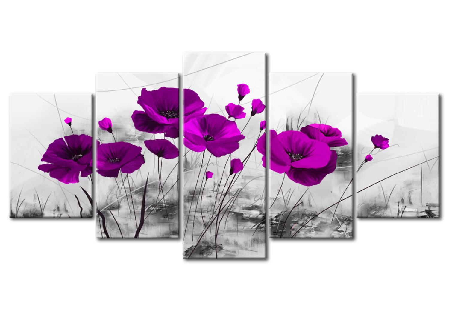 Cuadro Amapolas violetas (5 piezas) - flores en tonos de gris