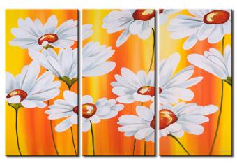 Cuadro decorativo Margaritas al sol (3 piezas) - flores blancas en fondo naranja