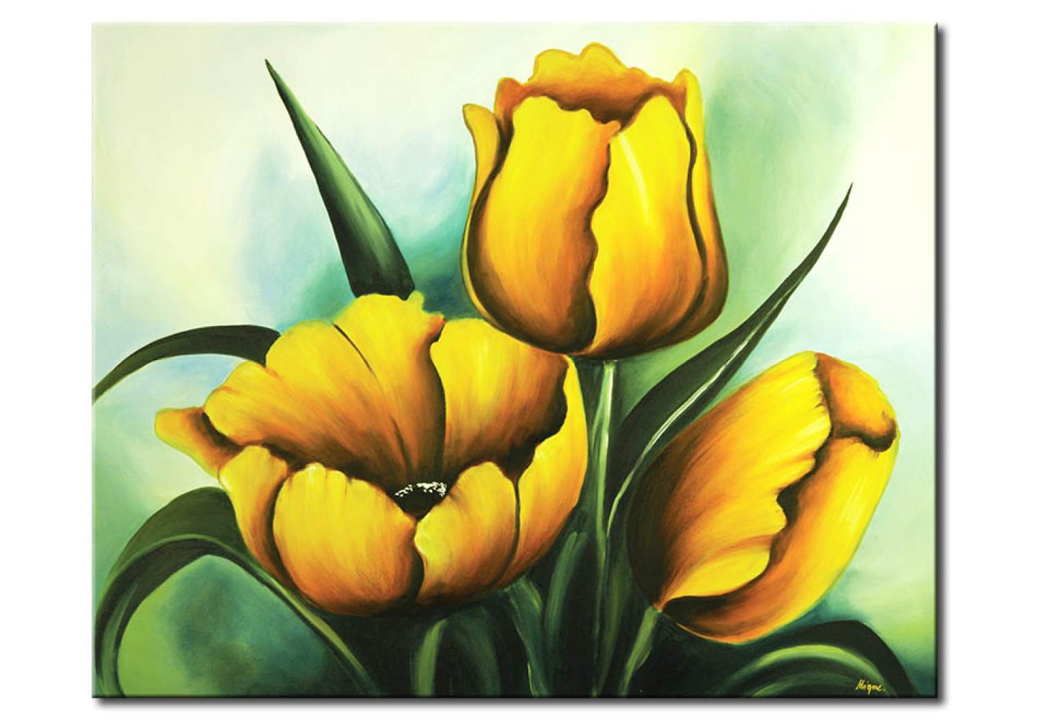 Cuadro moderno Tulipanes (1 pieza) - ramo en fondo de tonos verdes