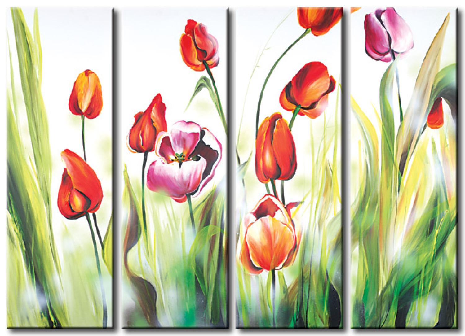 Cuadro decorativo Flores de mayo (4 piezas) - tulipanes multicolores en fondo suave