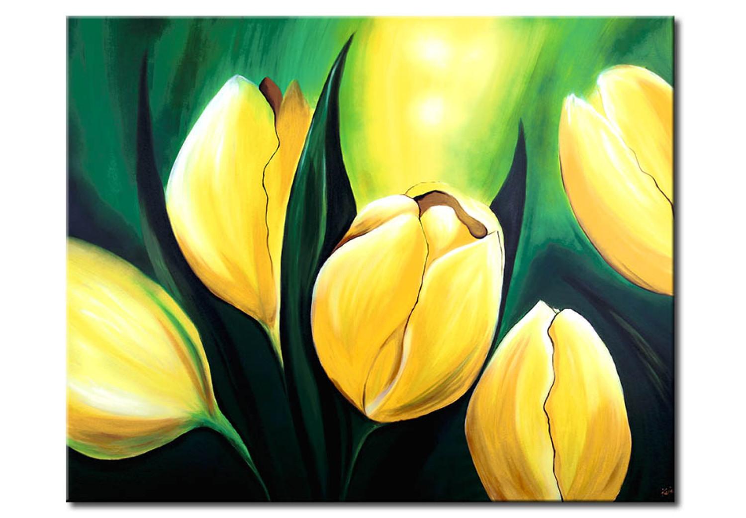 Cuadro moderno Tulipanes soleados - un motivo floral lleno de flores amarillas