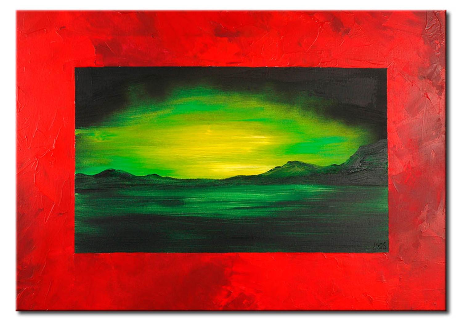 Cuadro moderno Paisaje oriental - paisaje montañoso en tonos verdes sobre fondo rojo