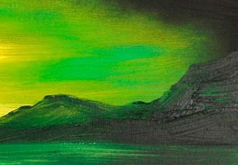 Cuadro moderno Paisaje oriental - paisaje montañoso en tonos verdes sobre fondo rojo