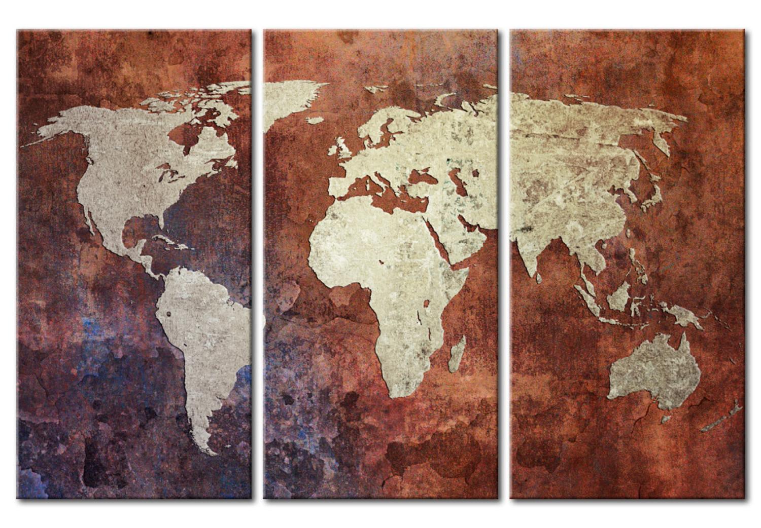 Cuadro moderno Mapa del mundo color metal oxidado- tríptico