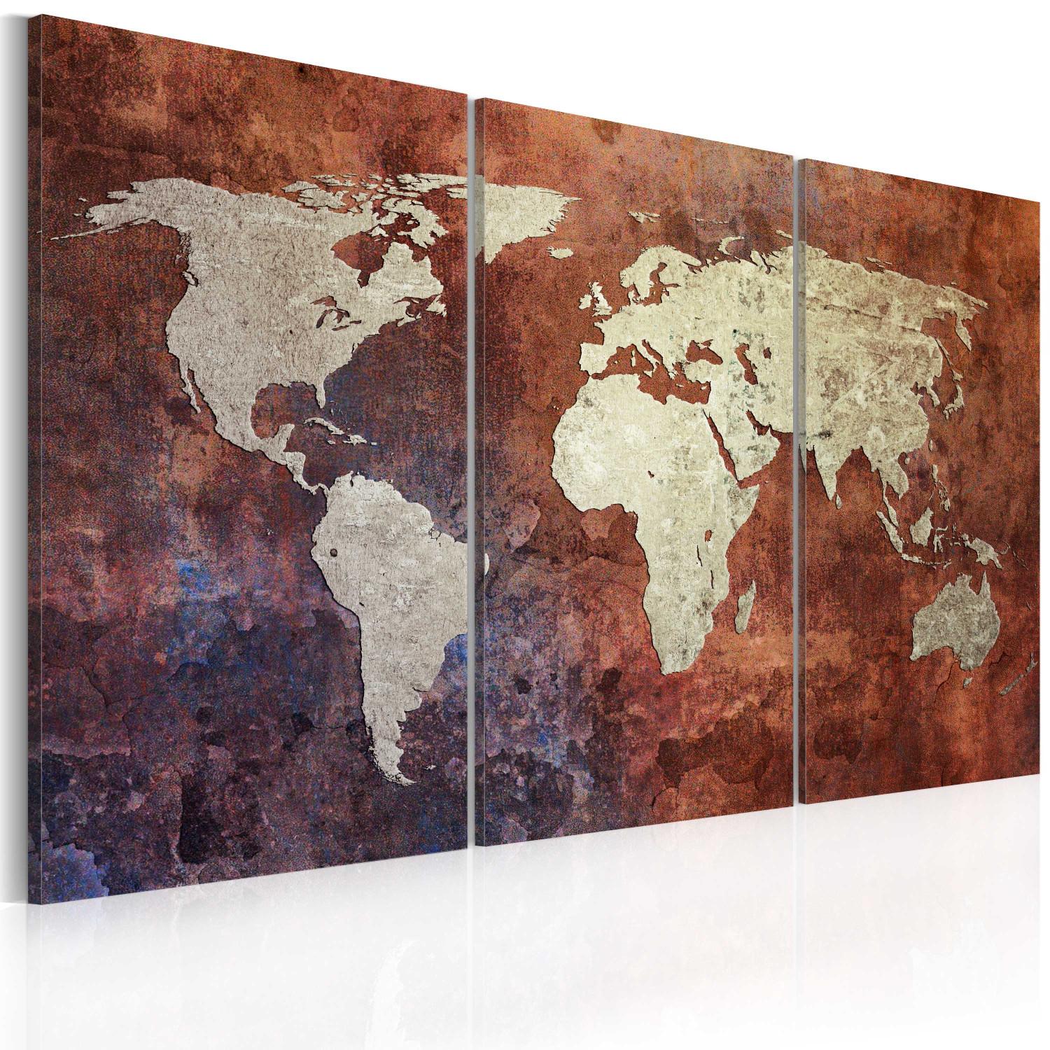 Cuadro moderno Mapa del mundo color metal oxidado- tríptico