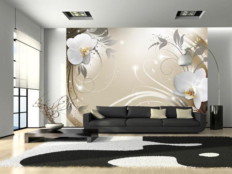 Fotomural Abstracción floral - orquídeas blancas con adornos plateados