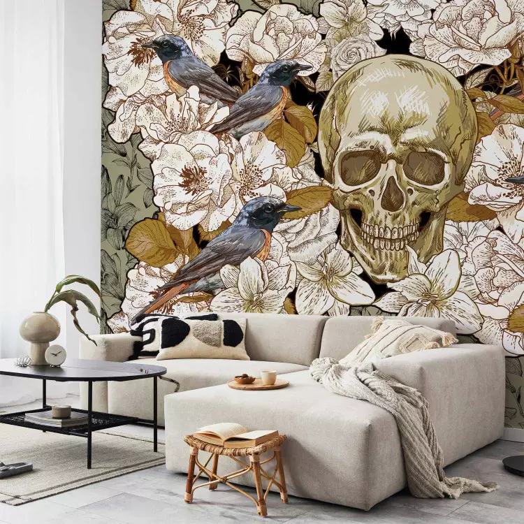 Fotomural decorativo Entre las flores - fantasía con pájaros y cráneo sobre fondo floral