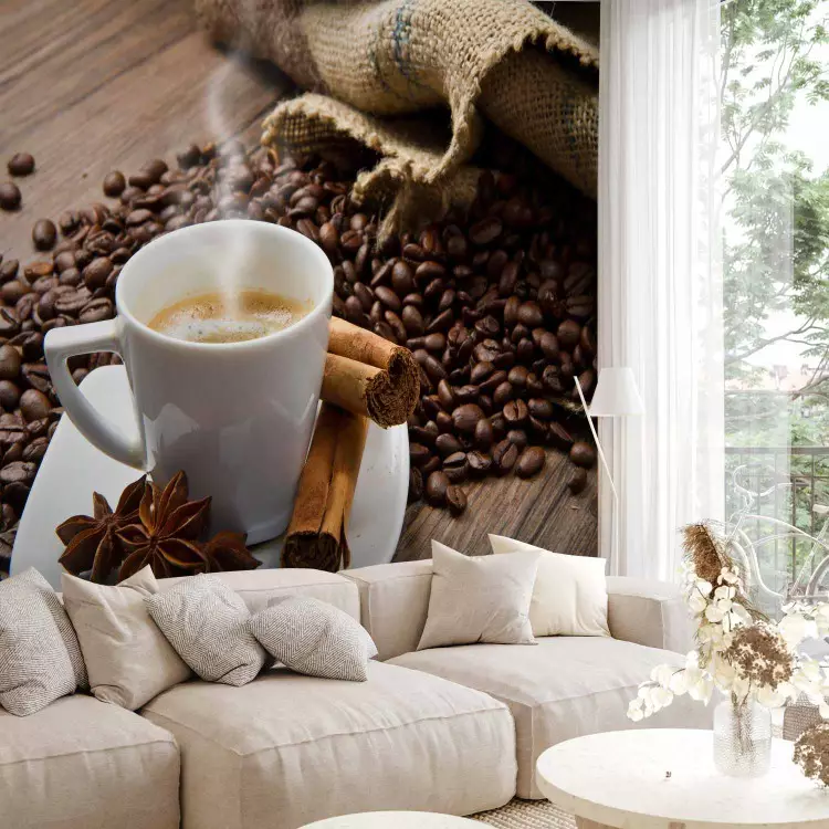 Fotomural decorativo Mañana - taza de café caliente en fondo marrón con especias