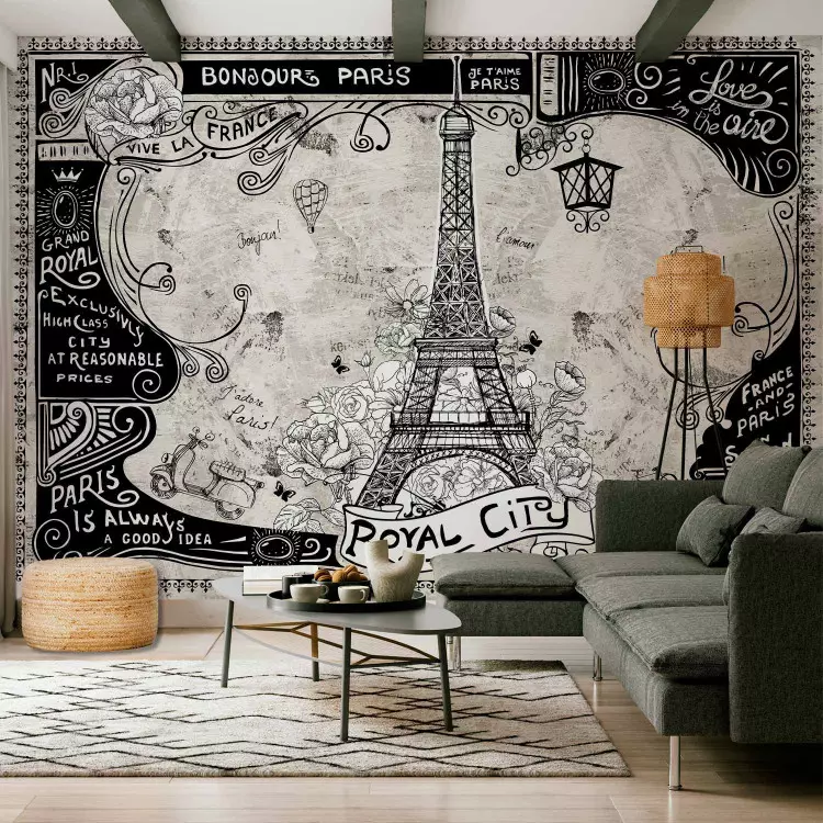 Fotomural Bonjour Paris - collage francés en blanco y negro de la Torre Eiffel