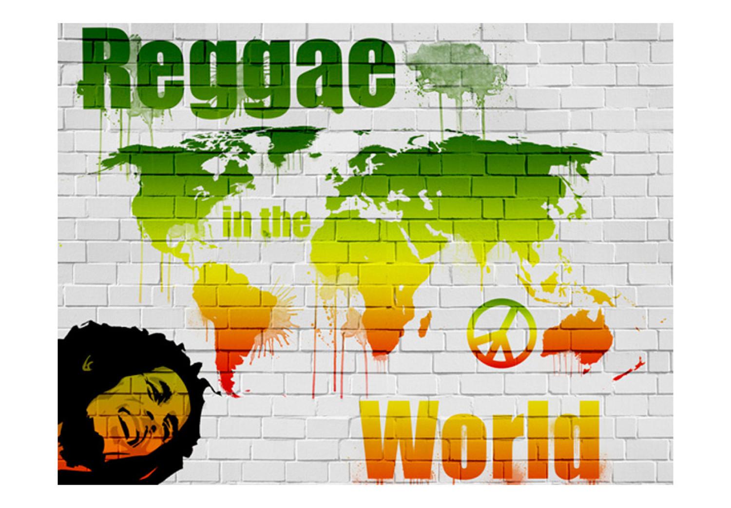 Fotomural Reggae en el mundo - mapa en ladrillo con colores reggae