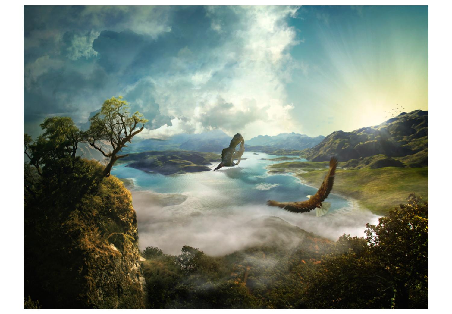 Fotomural a medida Fantasía - montañas verdes con pájaros volando sobre lago azul