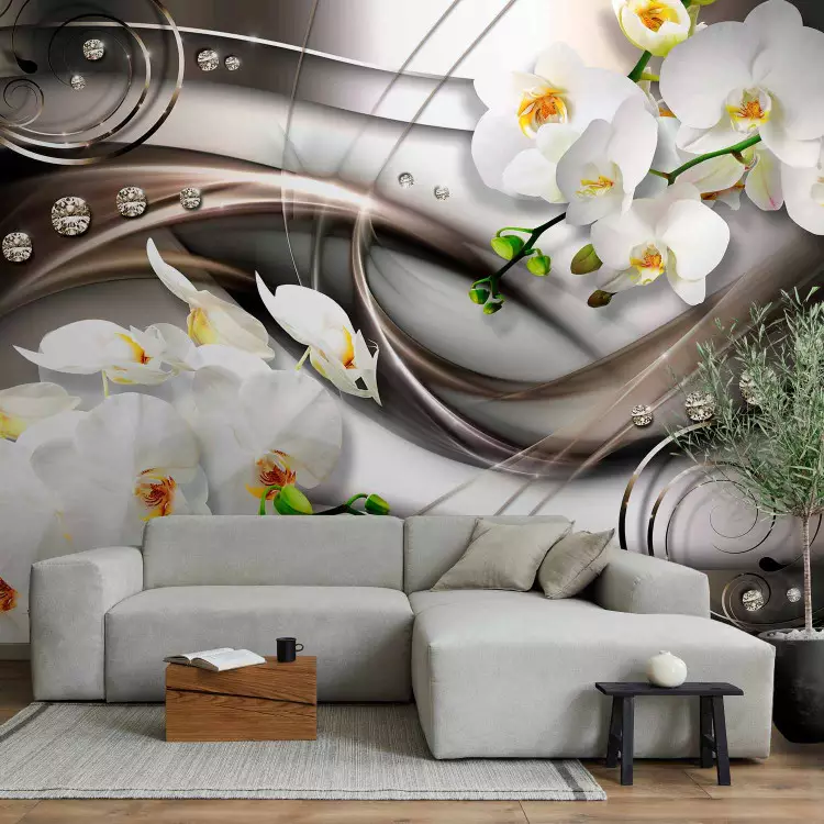 Fotomural Abstracción floral - orquídeas blancas en fondo de un motivo plateado