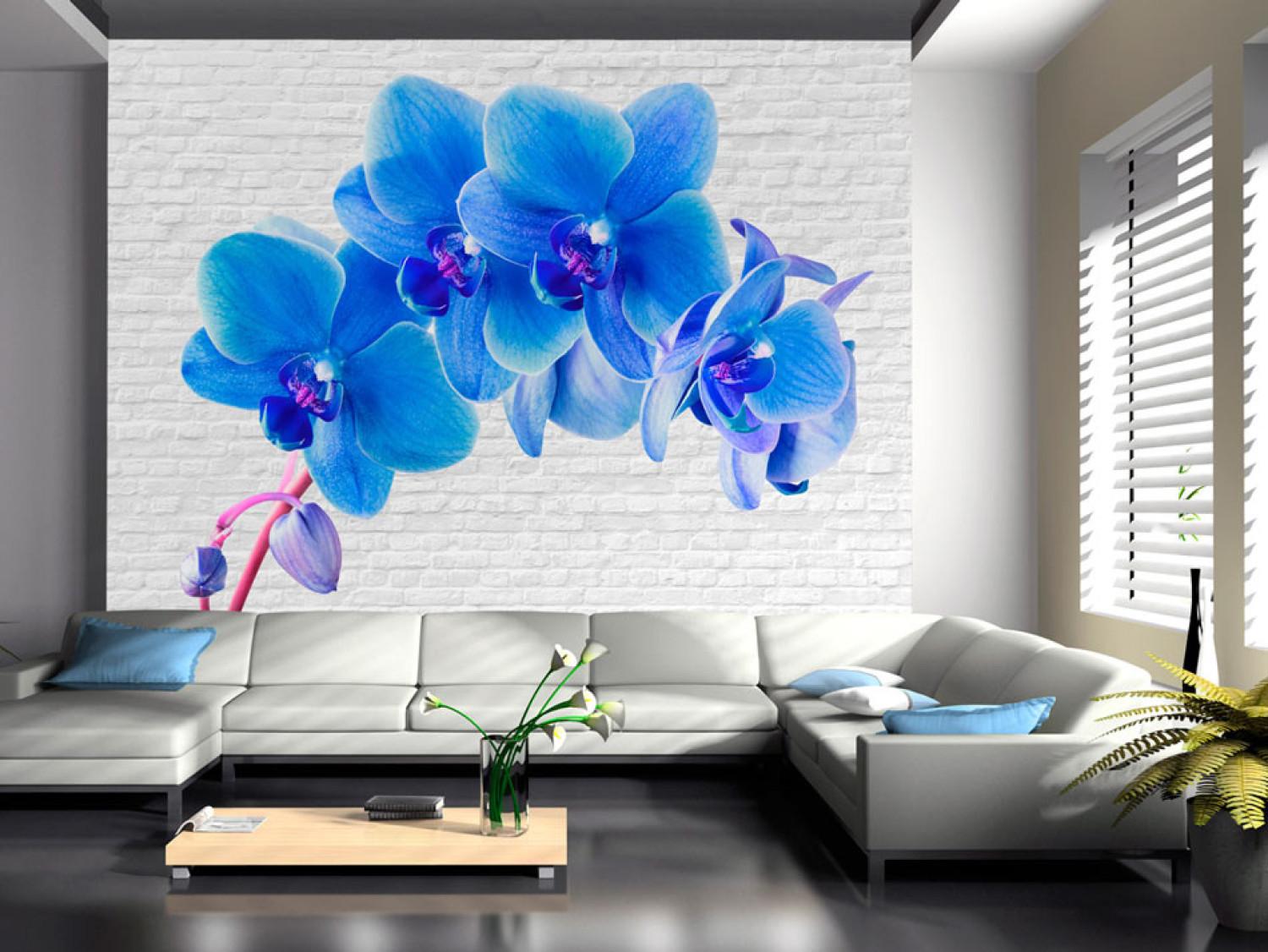 Fotomural decorativo Estímulo azul - orquídeas energéticas en fondo blanco de ladrillos