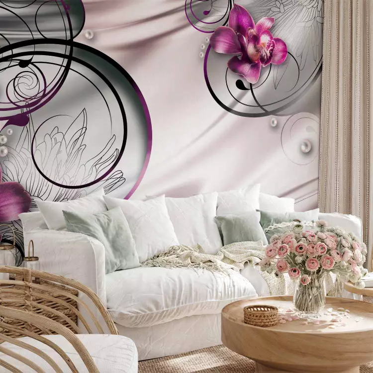 Fotomural decorativo Ola de placer - abstracción de orquídeas violetas y perlas