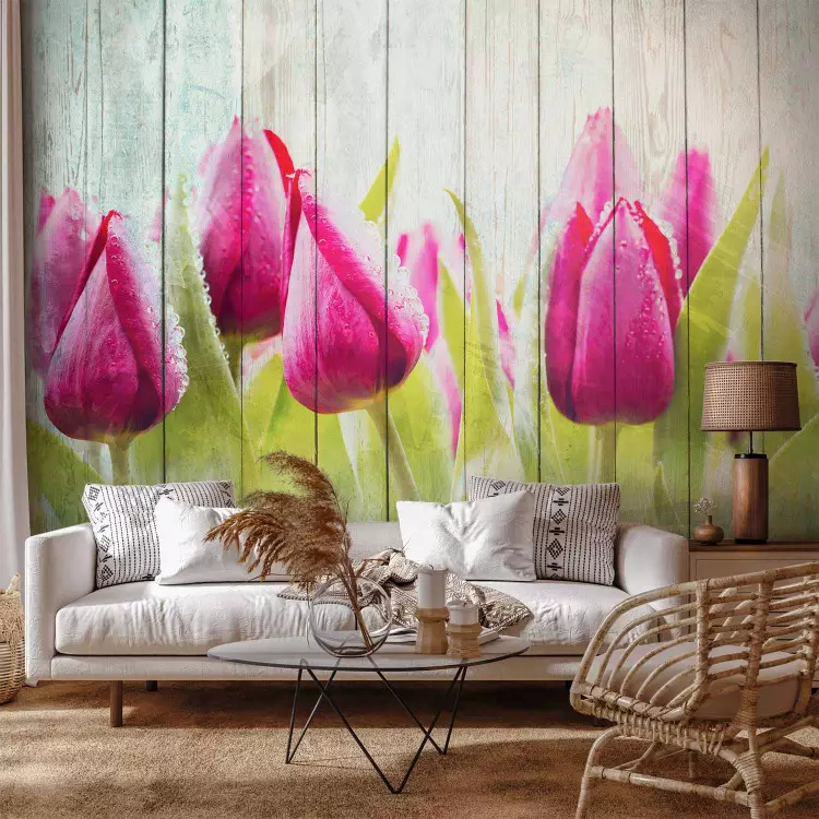 Fotomural decorativo Tulipanes en madera blanca