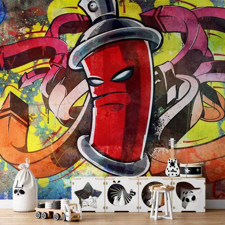 Fotomural a medida Monstruo graffiti - arte urbano con lata en centro y fondo colorido
