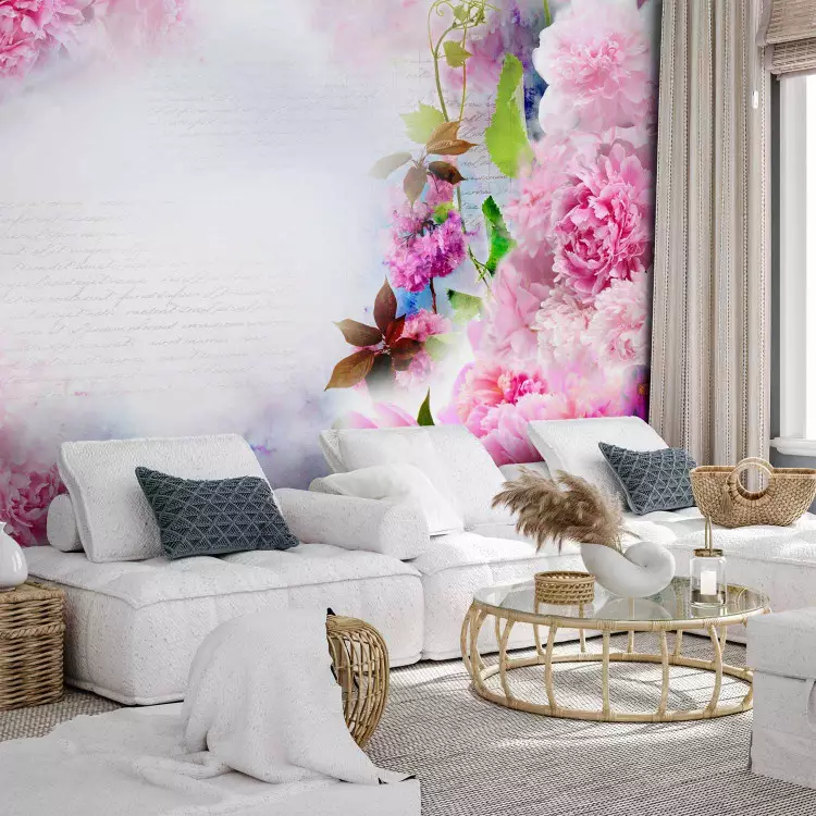 Fotomural decorativo Olor de clavel - abstracción floral con texto y nubes