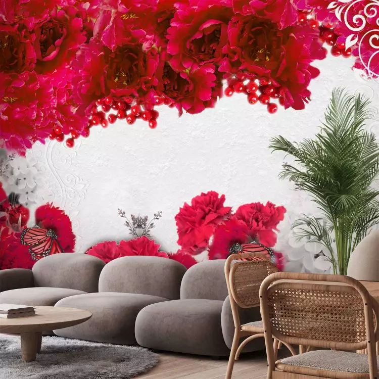 Fotomural a medida Colores de primavera roja - abstracción con flores y mariposas