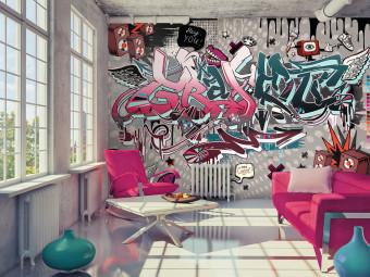 Fotomural ¡Hey tú! - mural con texto y dibujos, tonos de rosa y turquesa