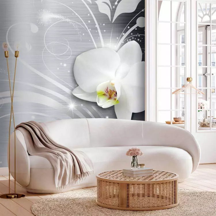 Fotomural decorativo Orquídeas en acero - abstracción con flores blancas en fondo de acero