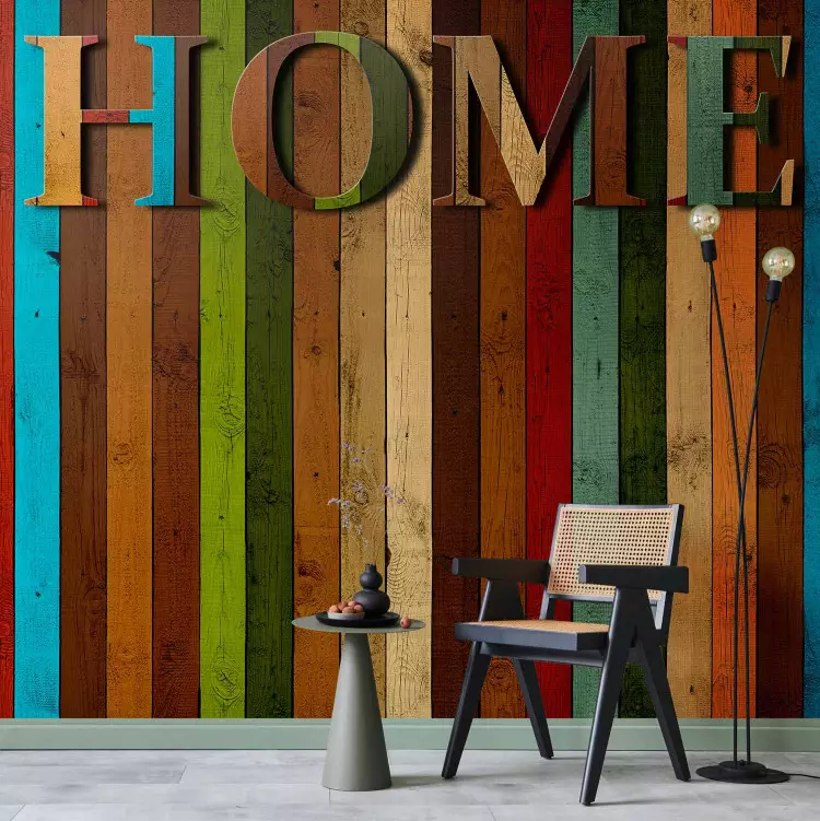 Fotomural Home - colorida frase casa en tablas de madera verticales