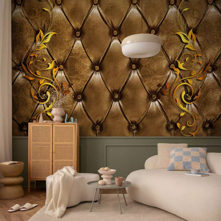 Fotomural decorativo Patrón elegante - textura de cuero con adornos dorados y flores