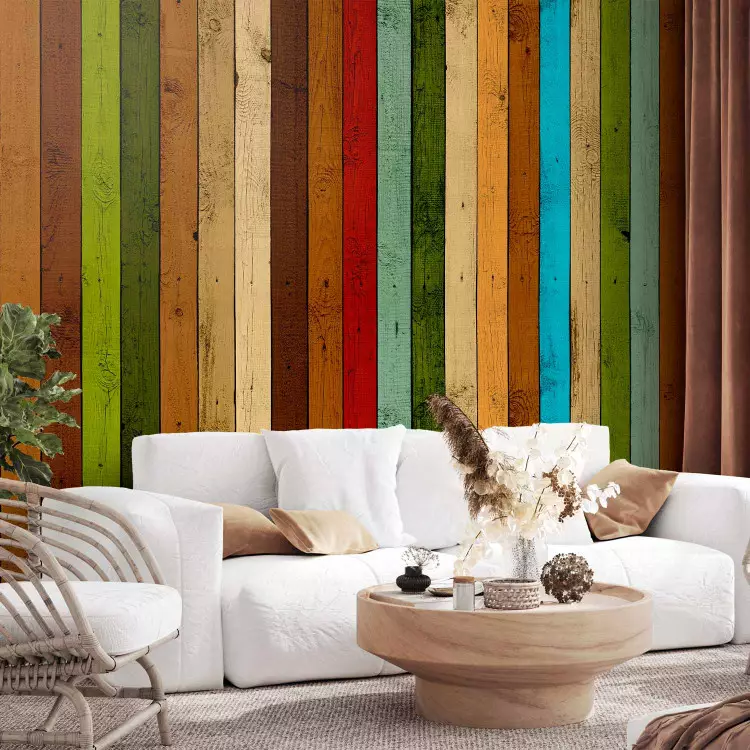 Fotomural decorativo Arco iris de madera - patrón de tablas de madera verticales pintadas