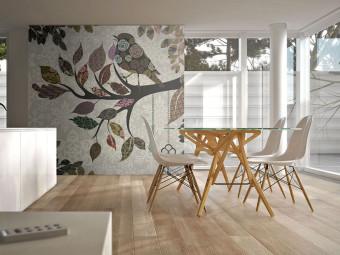 Fotomural decorativo Retro abstracción - patchwork boho con pájaro en rama de árbol