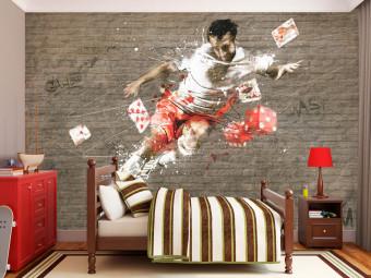 Fotomural Póker de fútbol - futbolista con balón y cartas sobre ladrillos