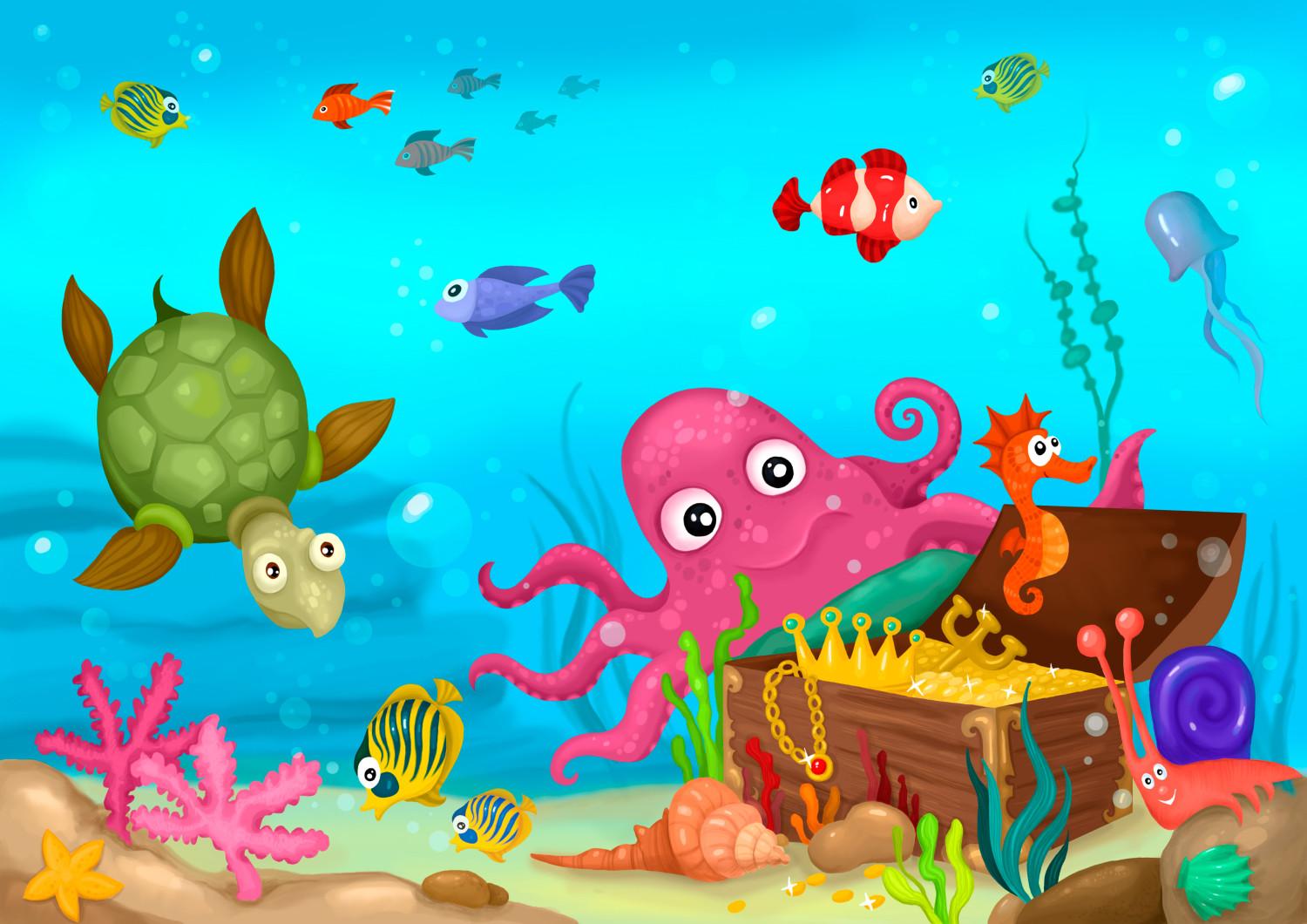 Fotomural decorativo Tesoro submarino - tortuga marina con peces y pulpo