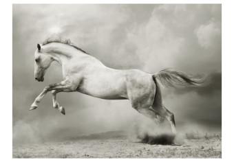 Fotomural a medida Potro fuerte - caballo blanco saltando en arena entre humo gris