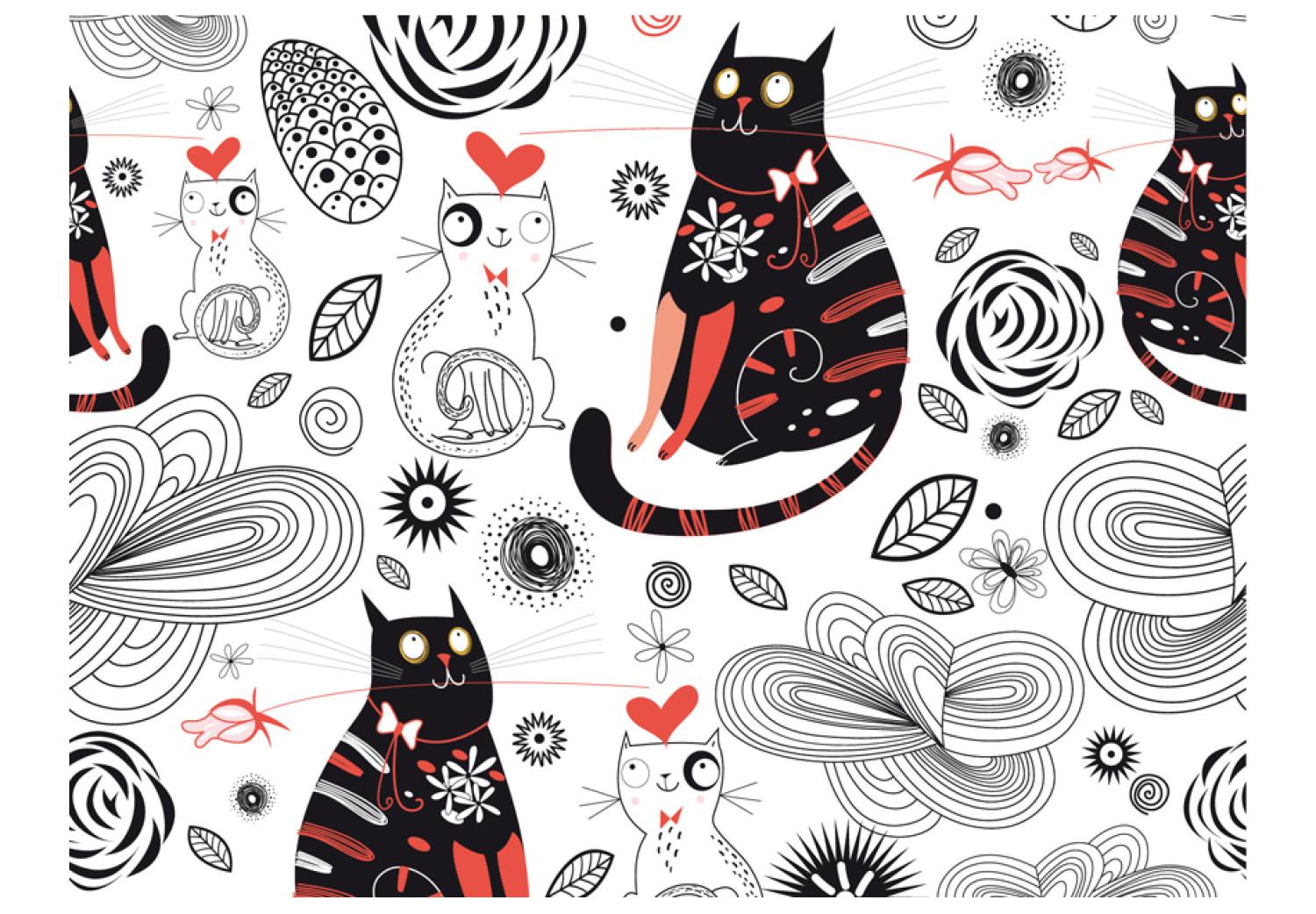 Fotomural Gatitos enamorados - dos gatos con ornamentos y corazones