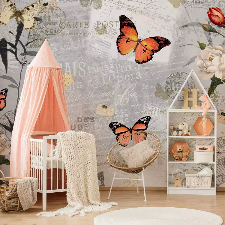 Fotomural Postal natural - mariposas en fondo gris y blanco con textos y flores