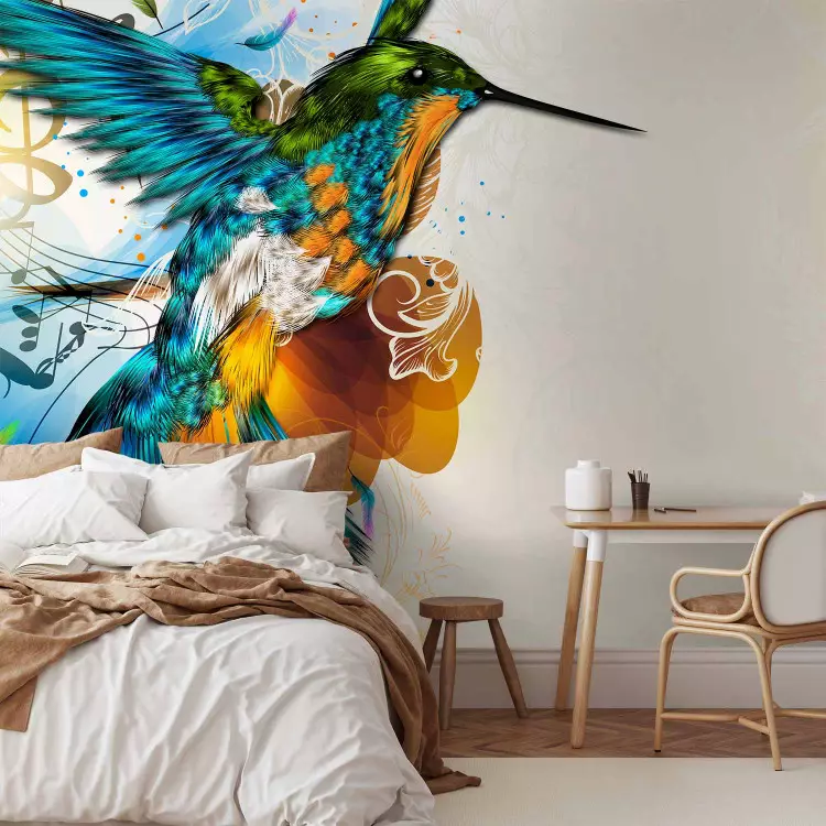 Fotomural decorativo Colibrí colorido - fantasía con notas en un fondo beige con estampado