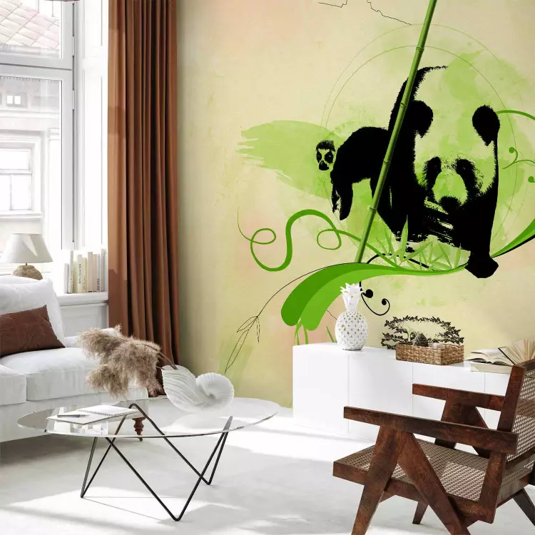 Fotomural Abstracción asiática - panda con bambú en un fondo beige con estampado